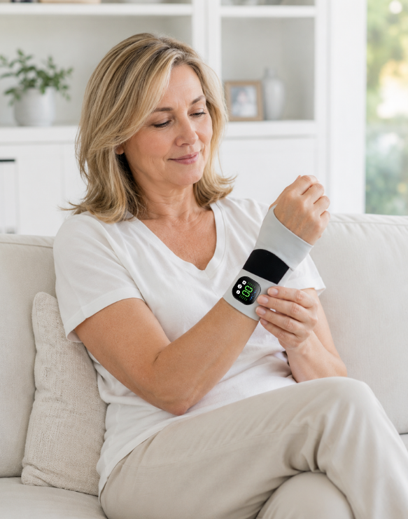Relaxing while wearing the Velyra hand and wrist massager
